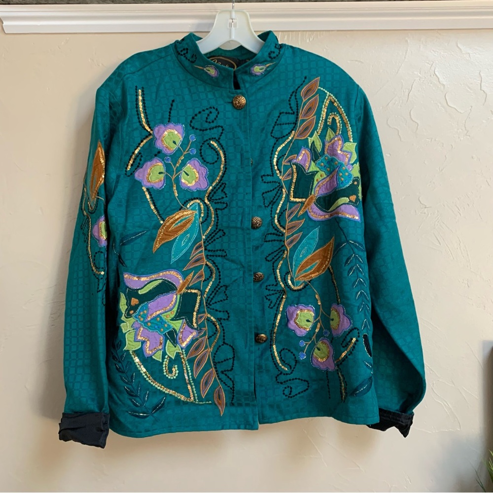 Alex Kim Embroidered Jacket Artsy Art to Wear 1X green